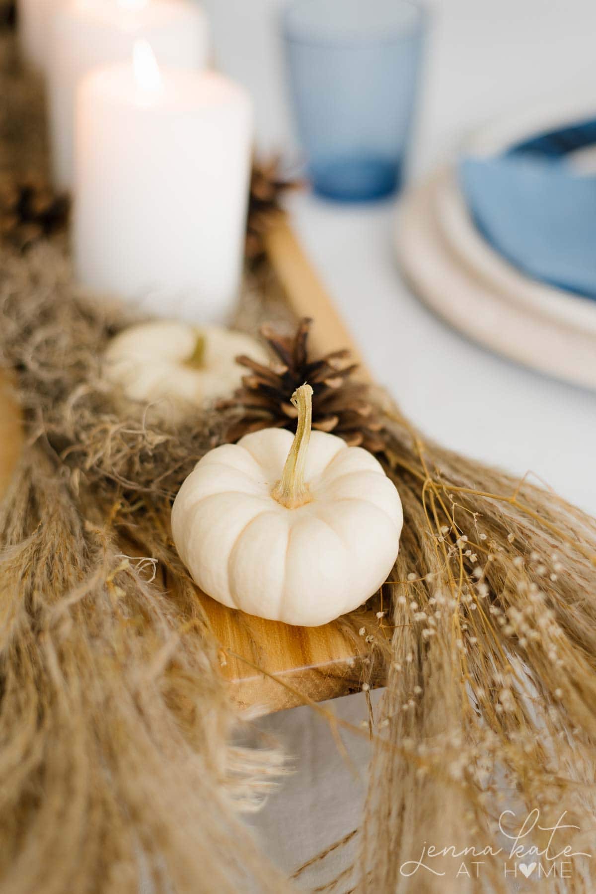 Mini white pumpkins in the fall centerpiece DIY