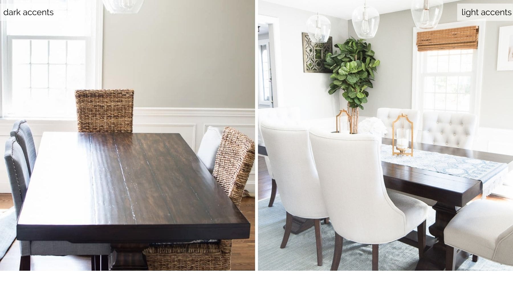 Two comparisons: dark wooden table and tall wicker chairs on the left; same wooden table but with white upholstered chairs and a large, light blue rug