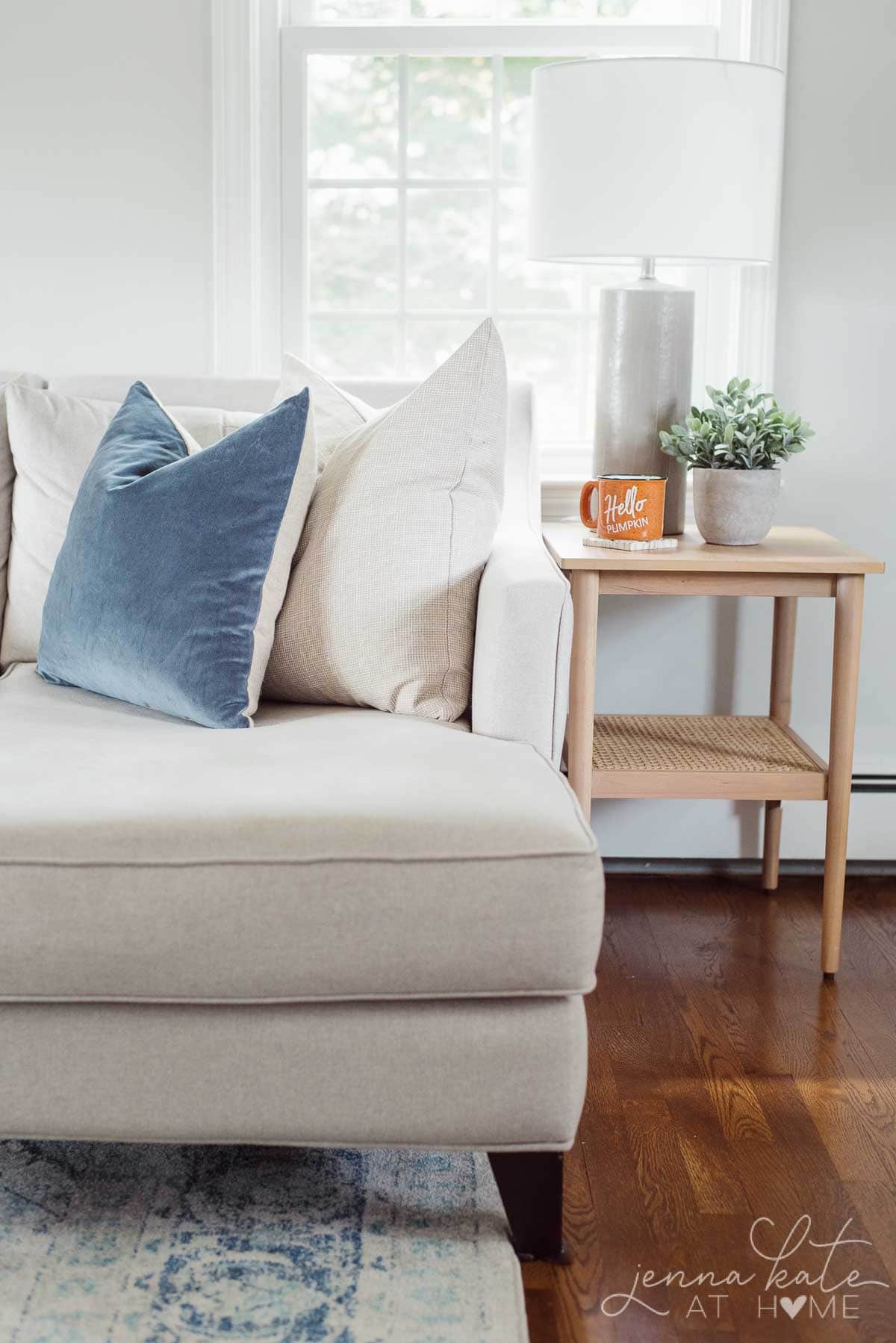 A close up of two pillows, one cream and one navy in the living room