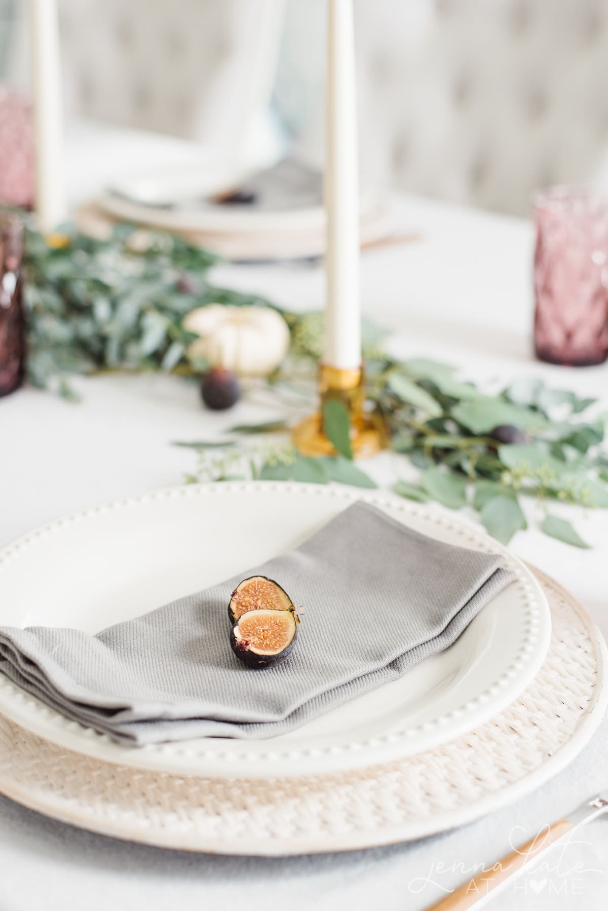A cut fig is the natural inspiration for the color theme on the tablescape