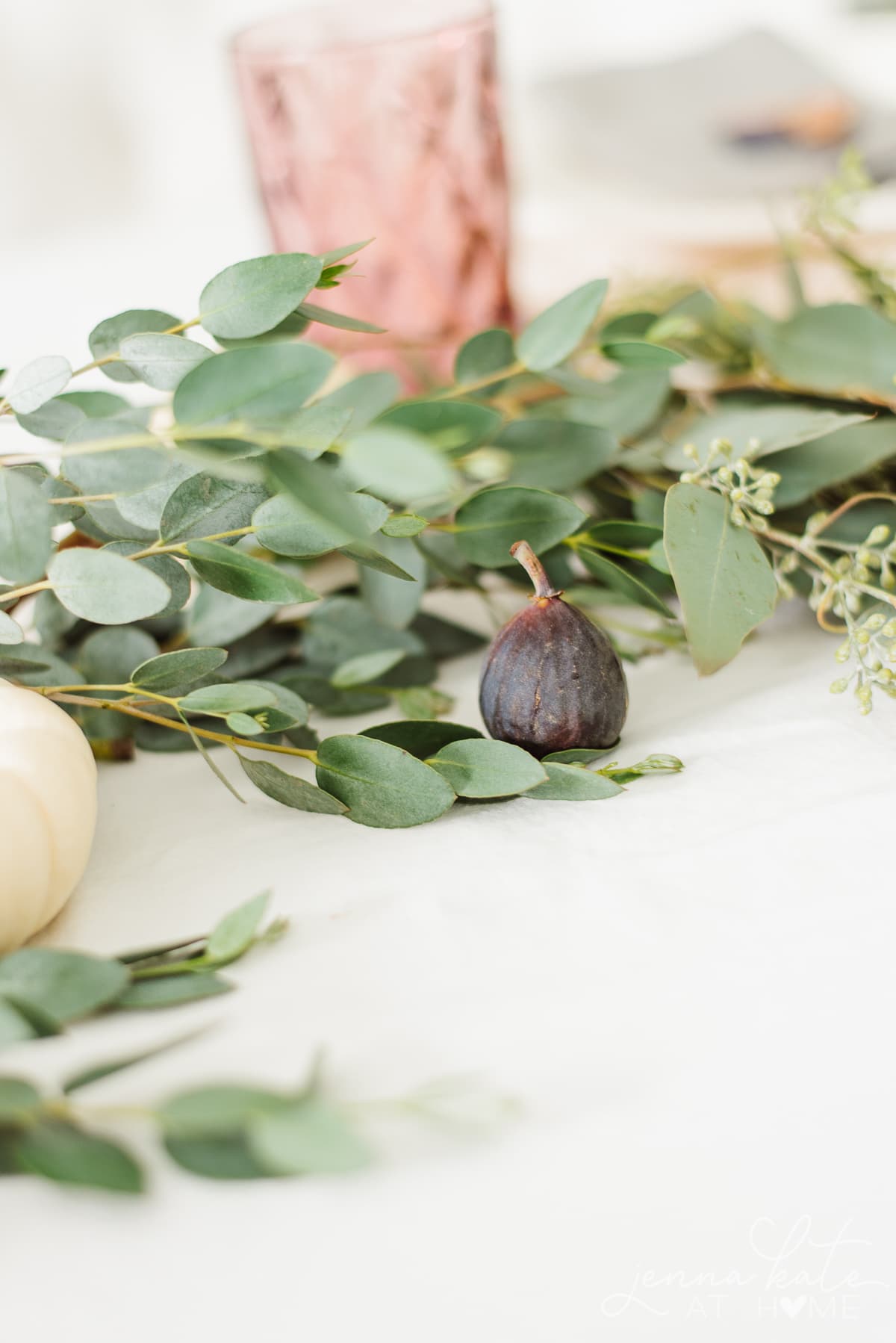 Jewel Toned Fall Table Setting With Figs and Eucalyptus