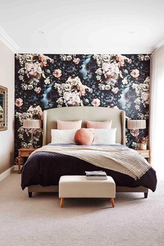 floral wallpaper accent wall idea for a bedroom