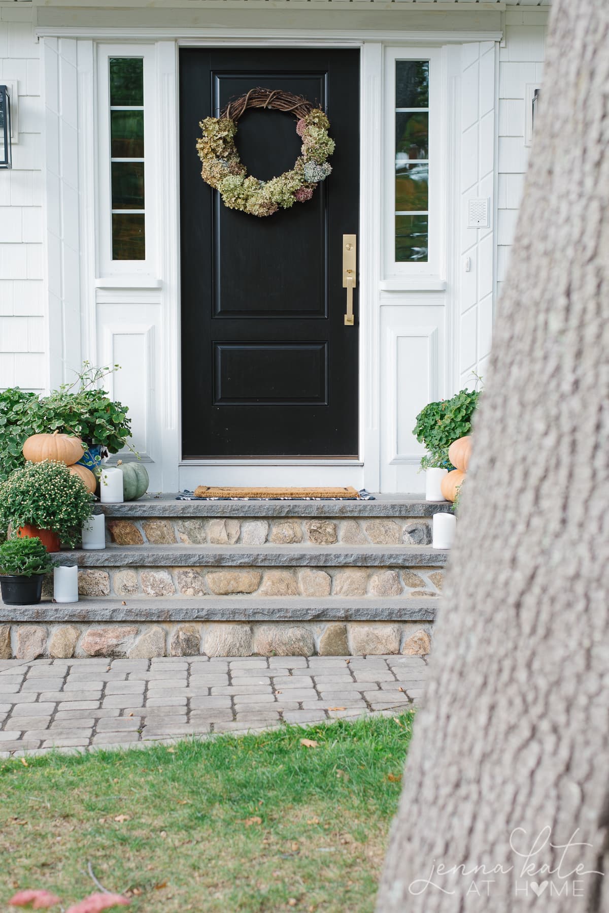 Fall front porch with DIY hydrangea wreath