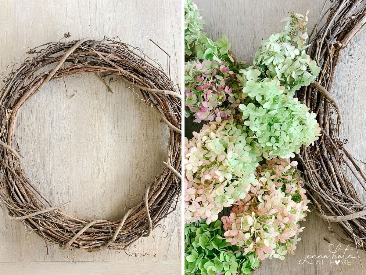 Grapevine wreath and fresh hydrangea flowers