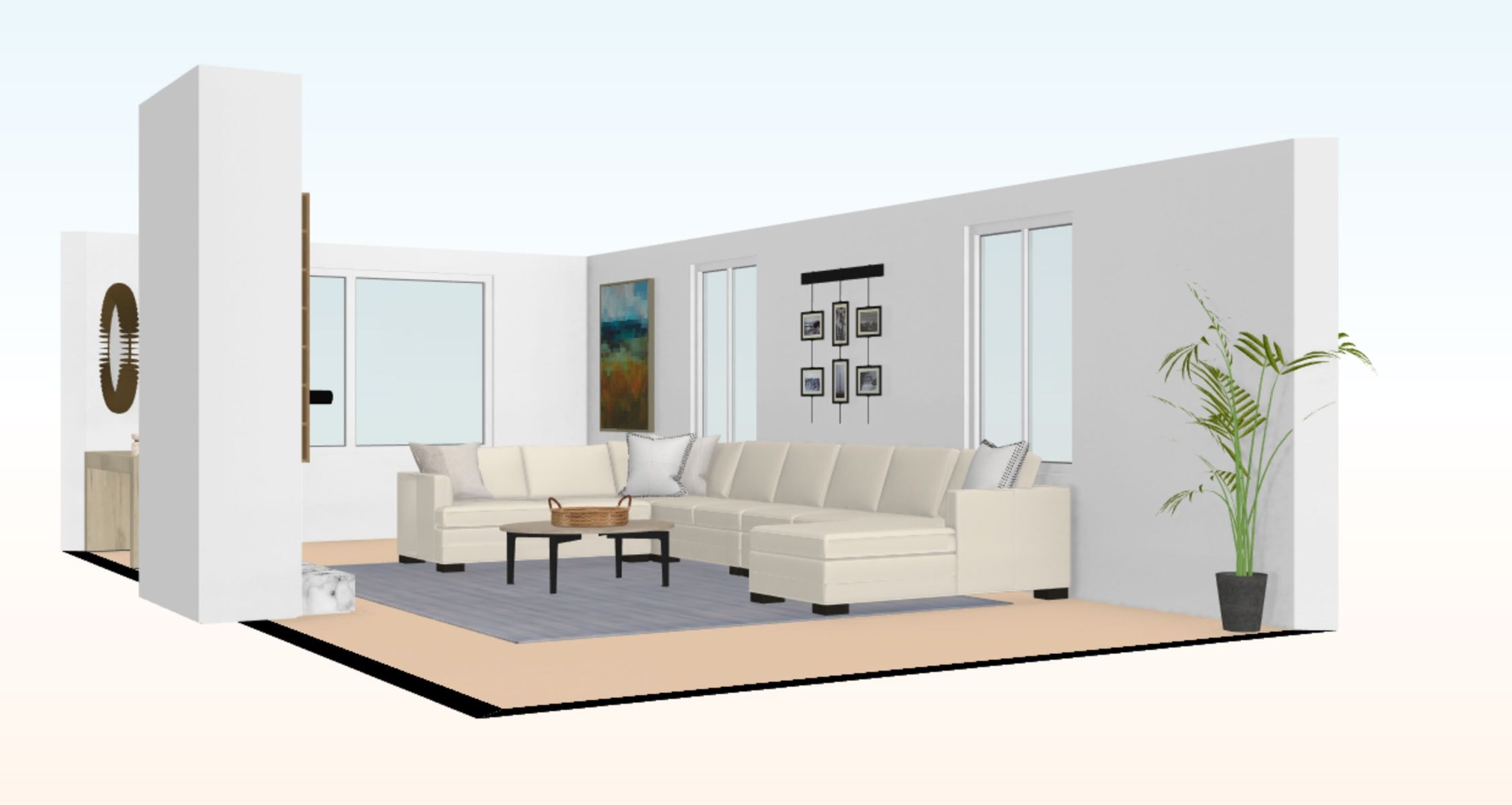 3d living room rendering to help with space planning and furniture layout