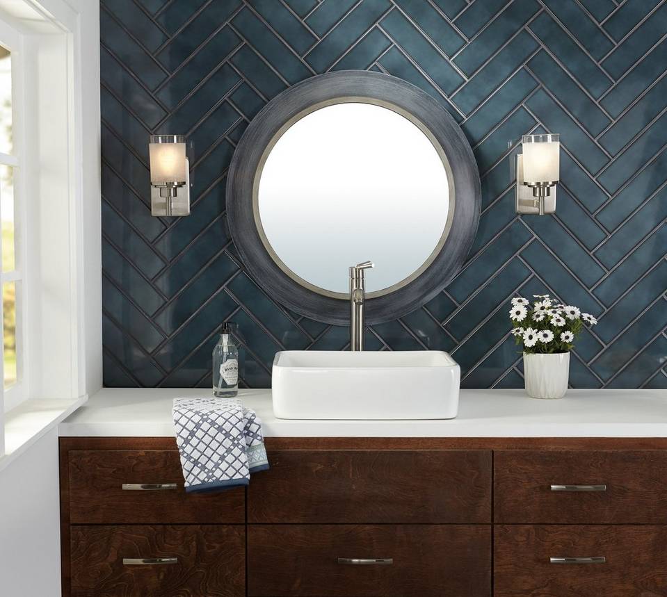 Dark tile above vanity in bathroom