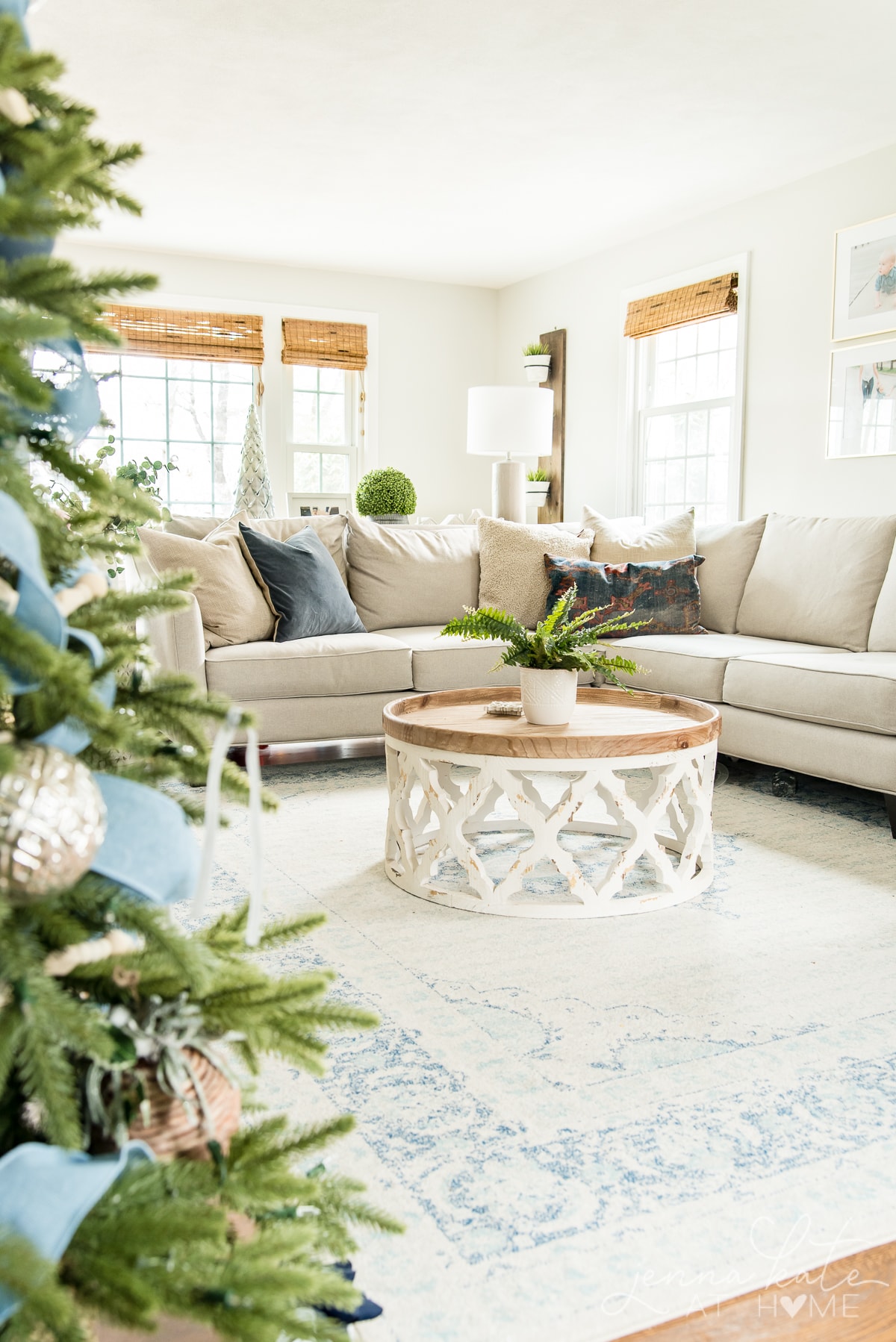 View of the living room peeking through the Christmas tree