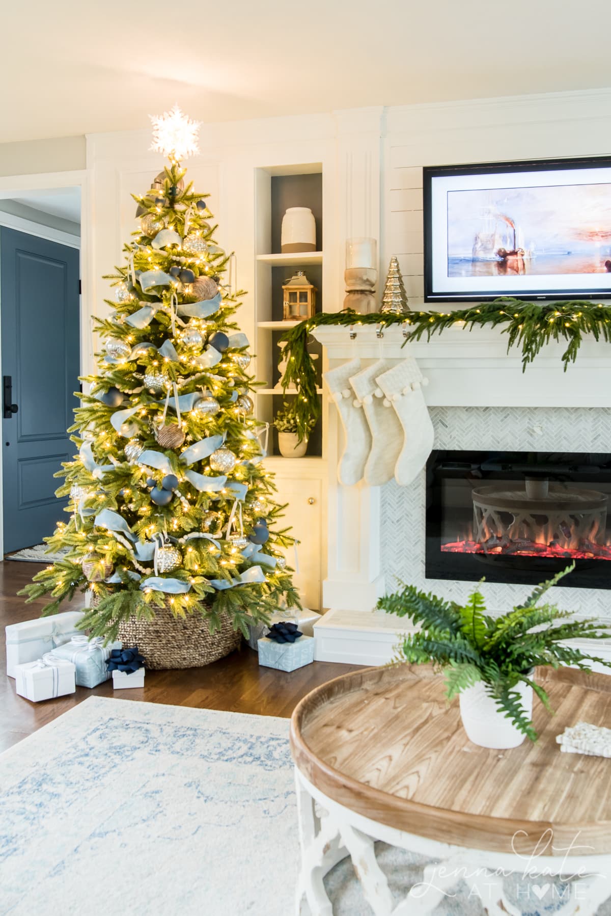 Balsam Hill Christmas tree decorated with shades of blue and silver