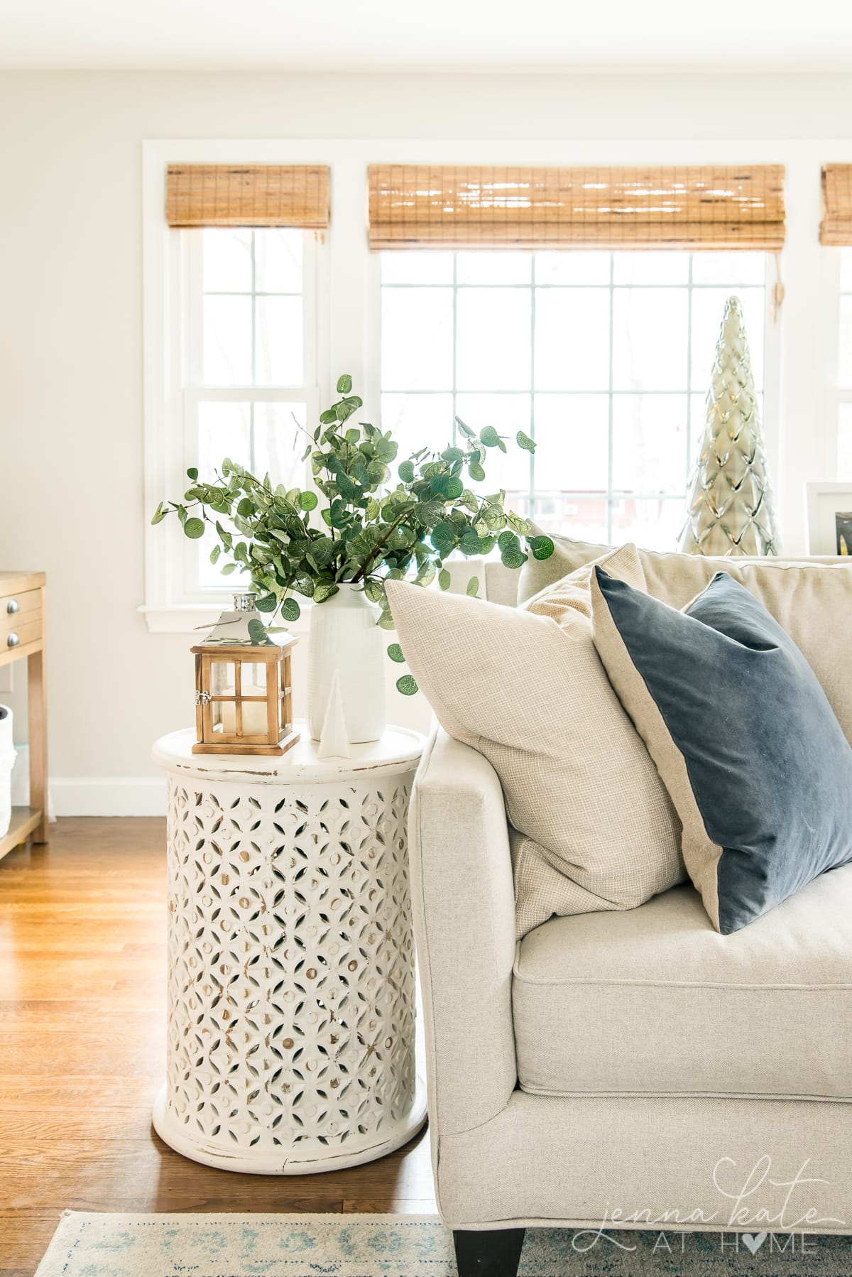 View of the couch with a  blue throw pillow and a side table with eucalyptus 