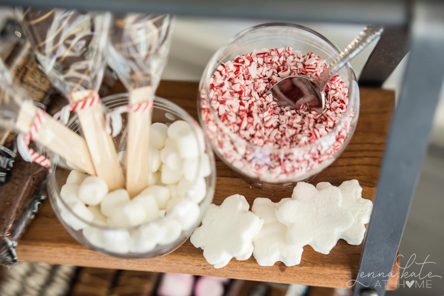 Crushed peppermint candies and snowflake marshmallows 