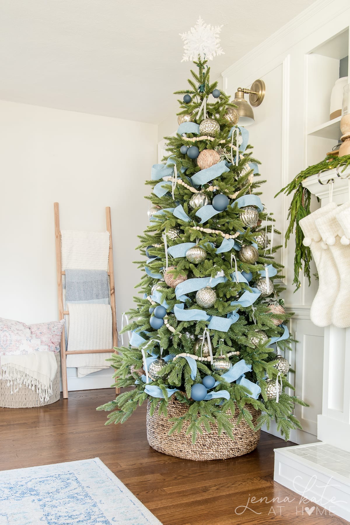 Artificial Christmas tree in a basket instead of a tree skirt or collar