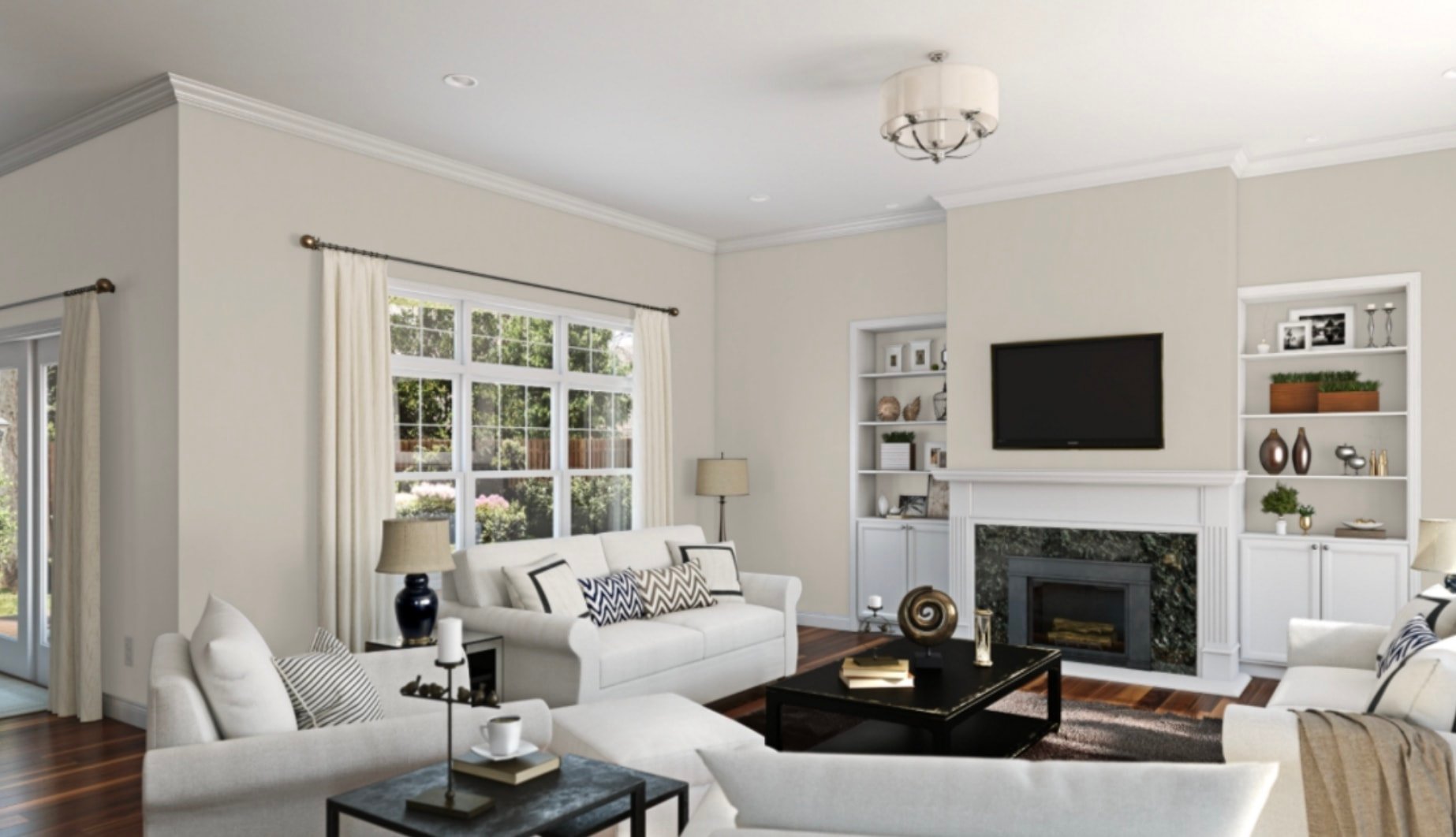 A living room filled with furniture and a fire place and walls painted worldly gray