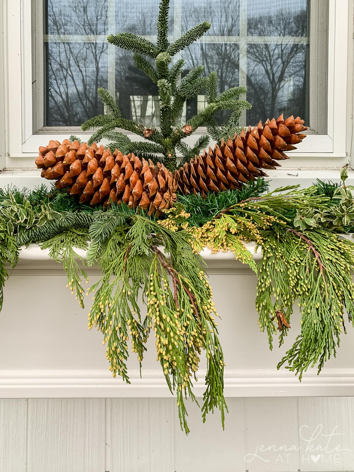 Large pinecones added to the window box arrangement