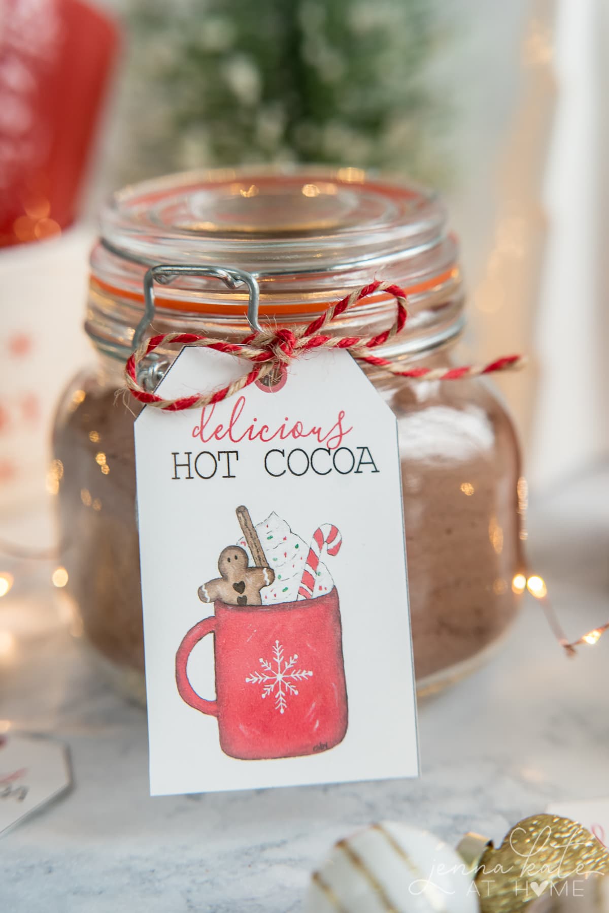Hot chocolate mix in a canister with a hand painted gift tag that says delicious hot cocoa