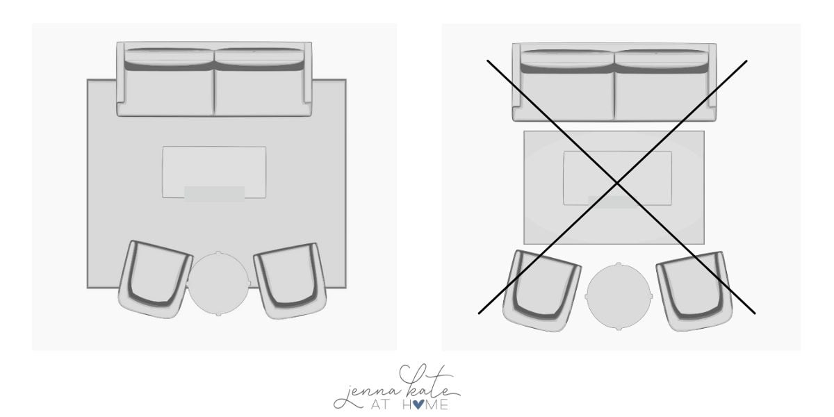 living room floorplans graphic with front legs of sofa and chairs sitting on the rug