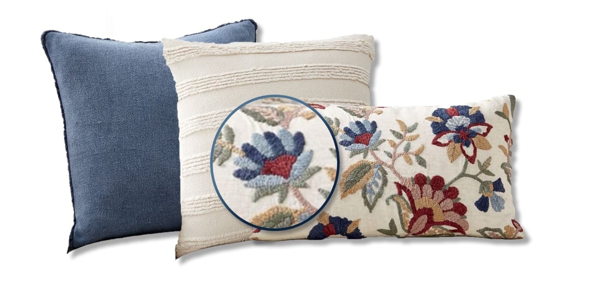 close up of the floral pattern on the pillow showing the shade of blue and cream 