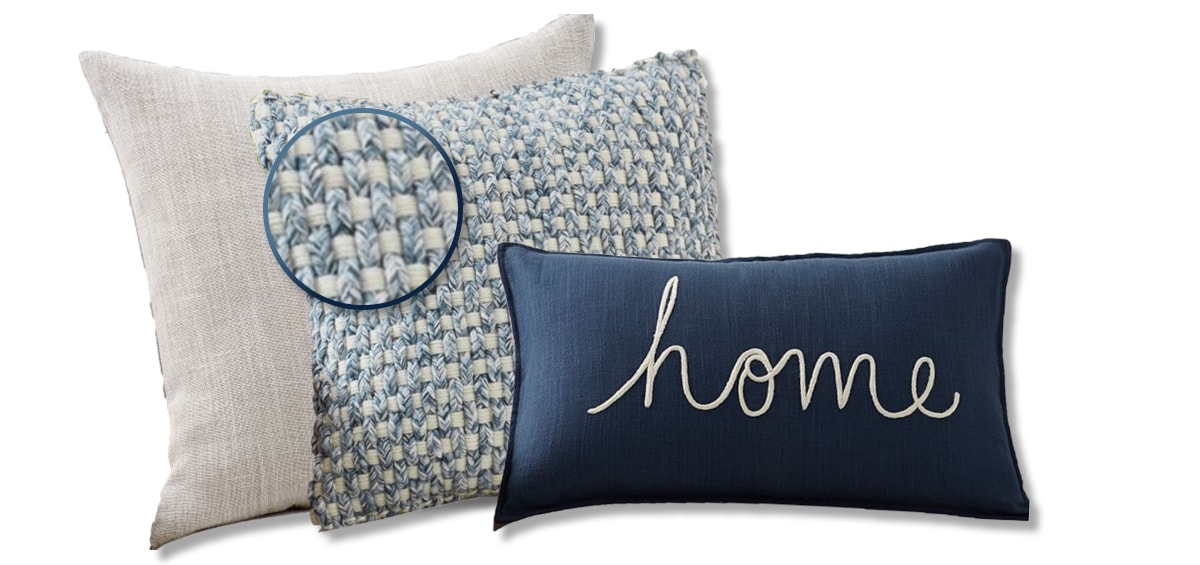 throw pillow pairing with a close up on the blue and cream colors in the dominant pattern pillow