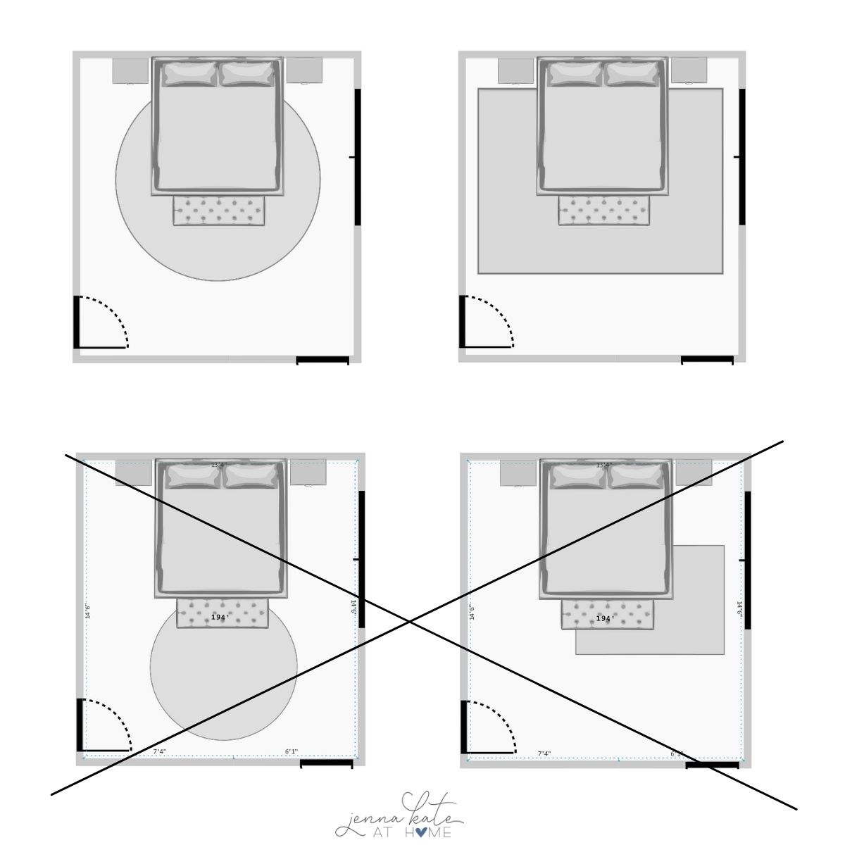 graphic showing where the rug should go and the correct rug size under a king-sized bed