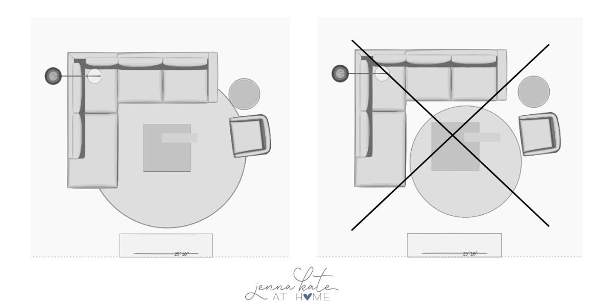 TV room floorplan graphic with front legs of furniture sitting on the rug