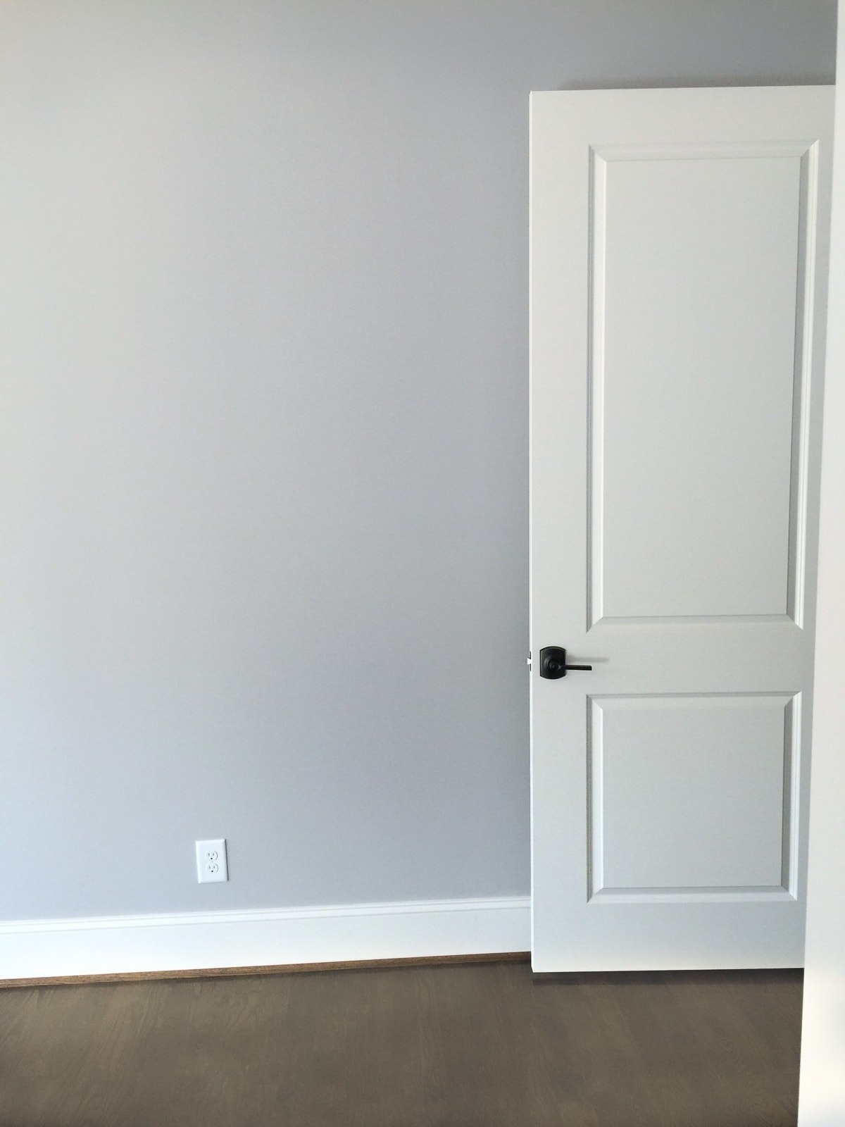Alabaster door and trim with gray walls.
