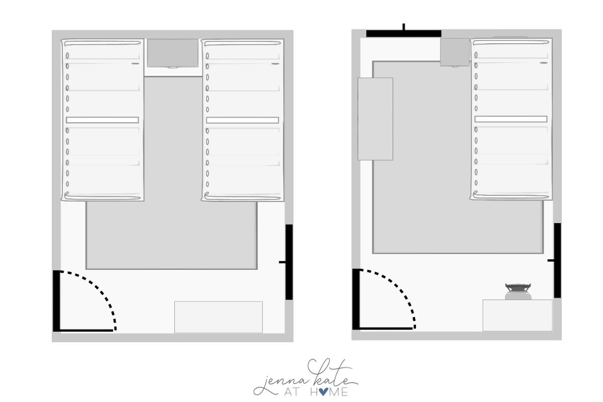 graphic with two different floorplans, showing rug placement options under a twin beds.