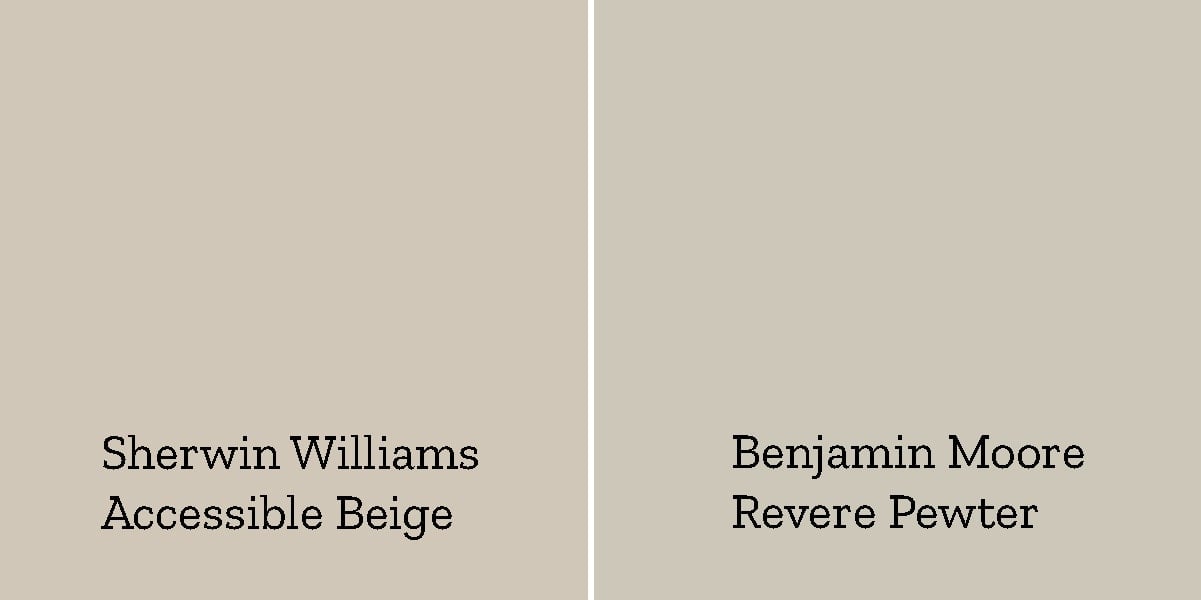 SW Accessible Beige versus Benjamin Moore Revere Pewter side by side color comparison