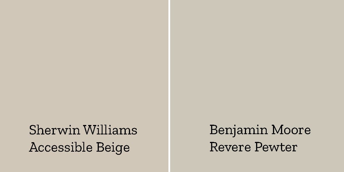 SW Accessible Beige versus Benjamin Moore Revere Pewter side by side color comparison.