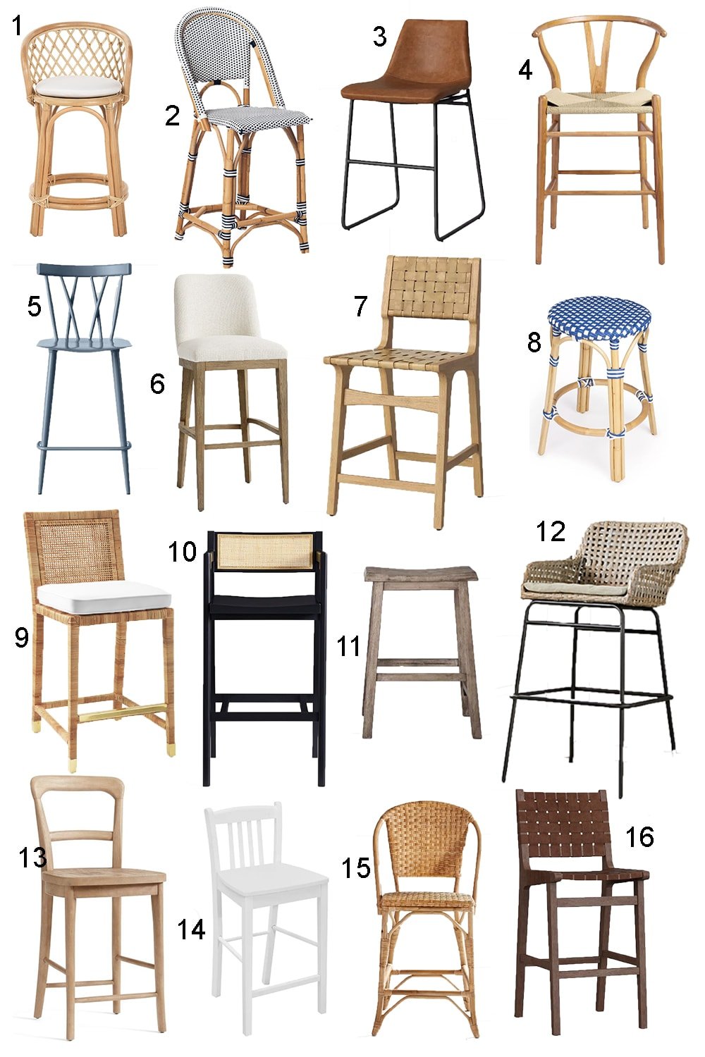 collage of 16 kitchen counter stools and chairs
