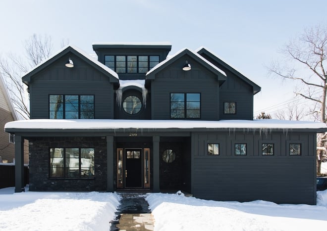 Modern farmhouse style home painted completely with Sherwin Williams Tricorn Black