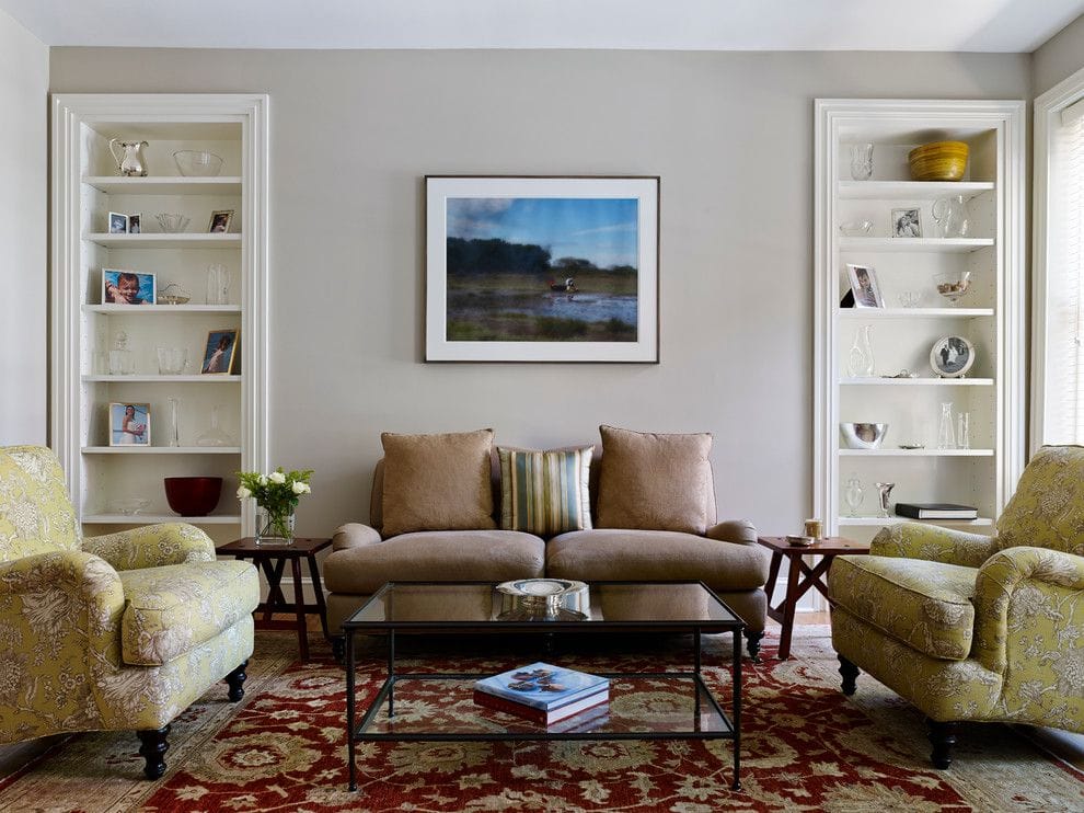 living room walls painted revere pewter with brown couch and red printed rug