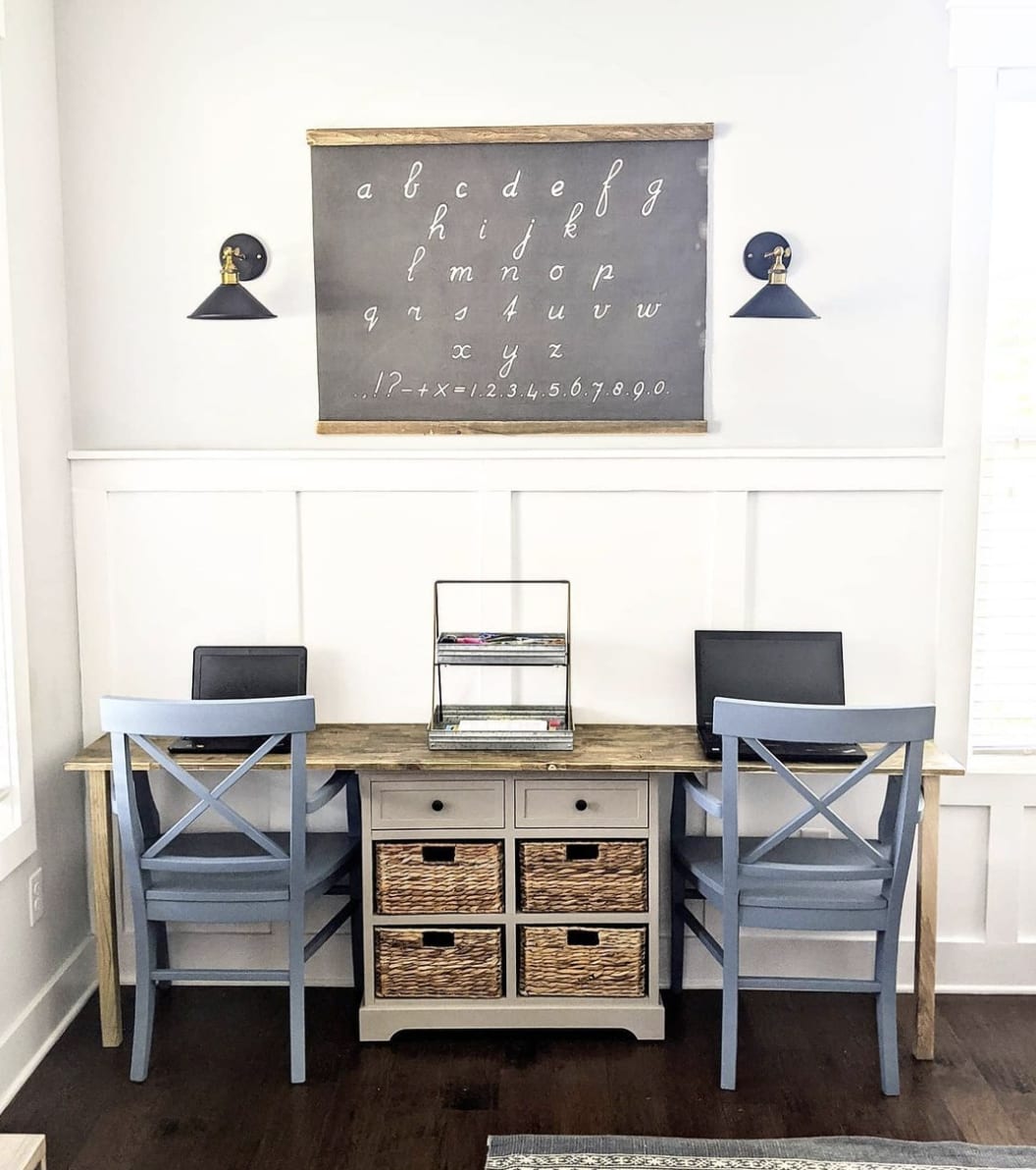 kid's homework area with white wainscoting and wall above painted sw passive