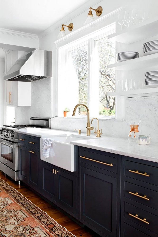 black kitchen base cabinets with white open shelving