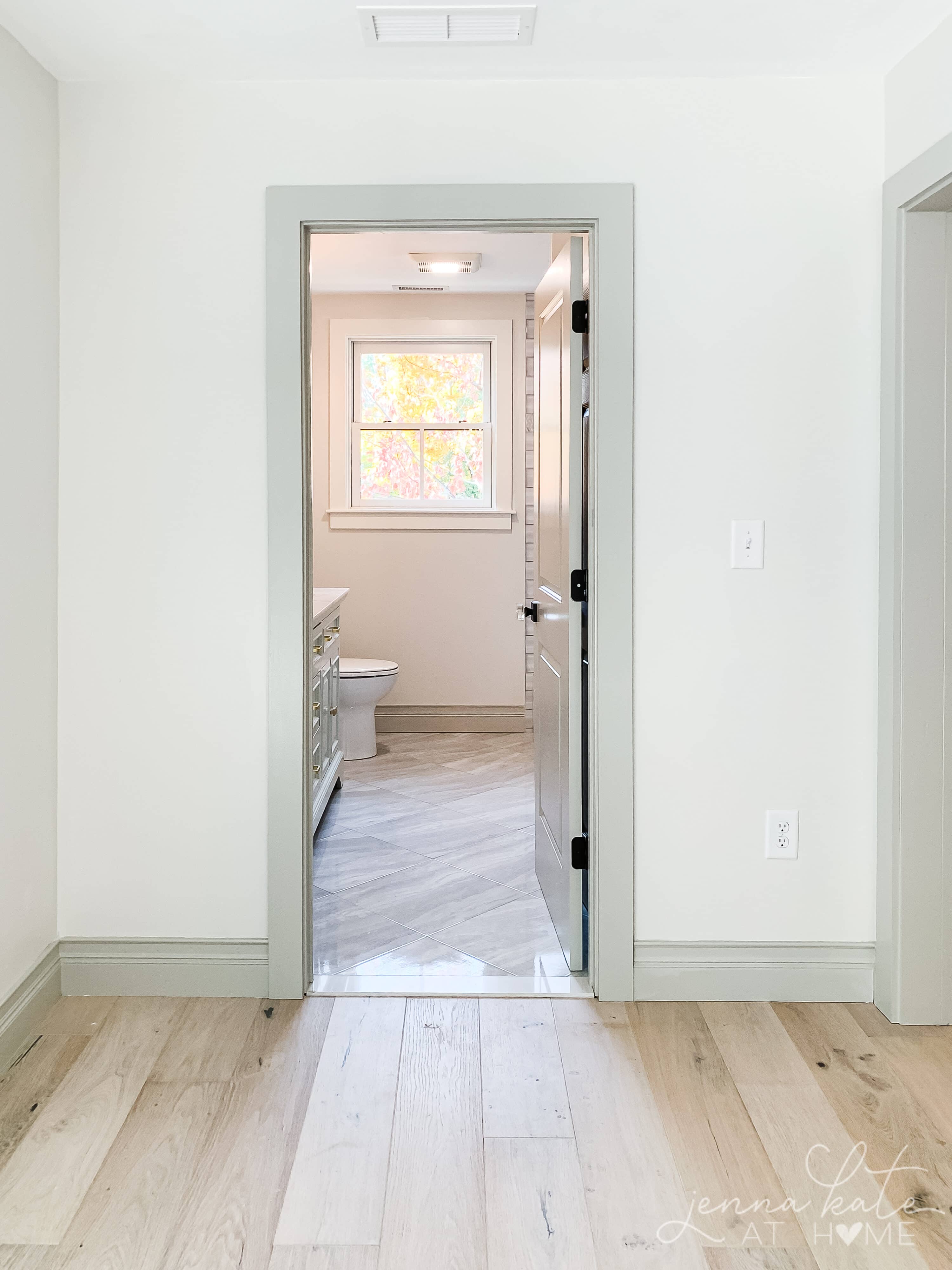 hallway with dove white walls and revere pewter trim