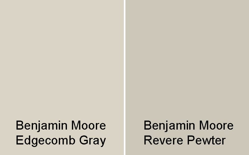 Swatch comparison of Benjamin Moore Edgecomb Gray vs Benjamin Moore Revere Pewter