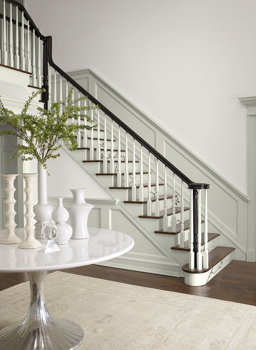 grand staircase with millwork painted BM Stonington Gray