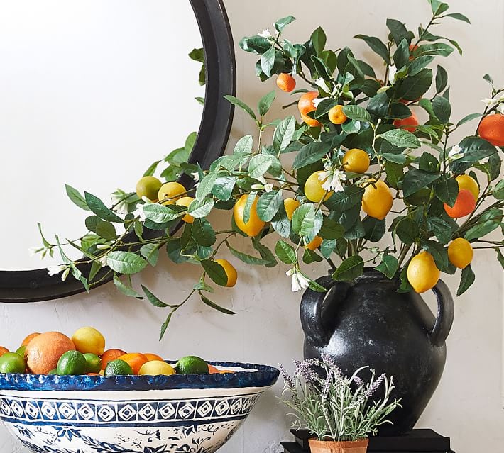 Black vase with lemon and orange stems