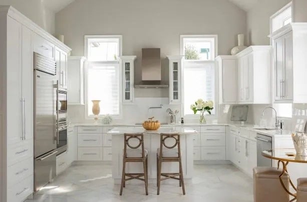 small kitchen with white cabinetry and walls painted Sherwin Williams Crushed Ice