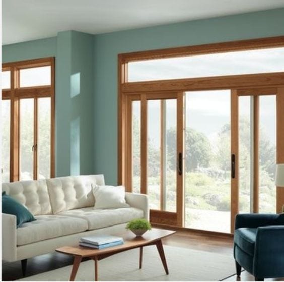 living room with teal walls and honey oak trim
