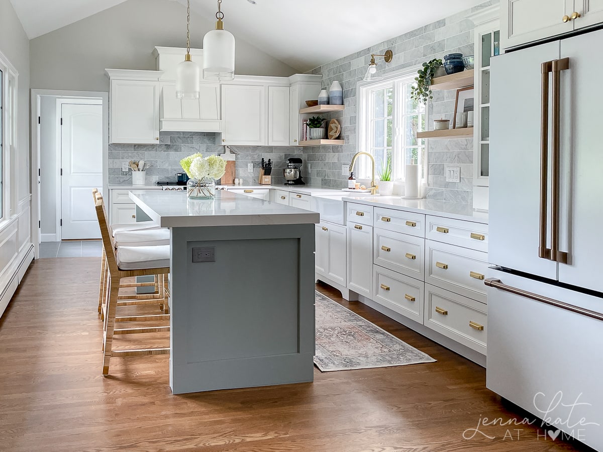 Remodeled kitchen with blue-gray painted island