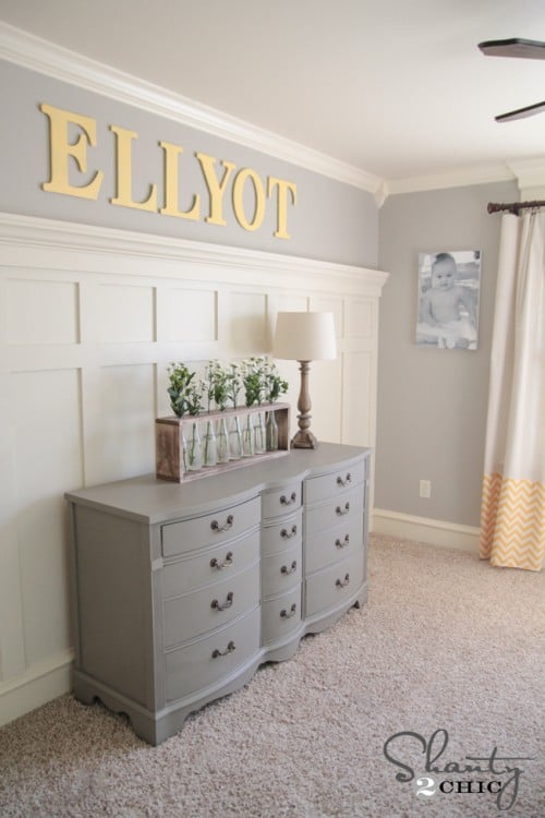 Baby nursery with amazing gray walls and SW antique white board and batten