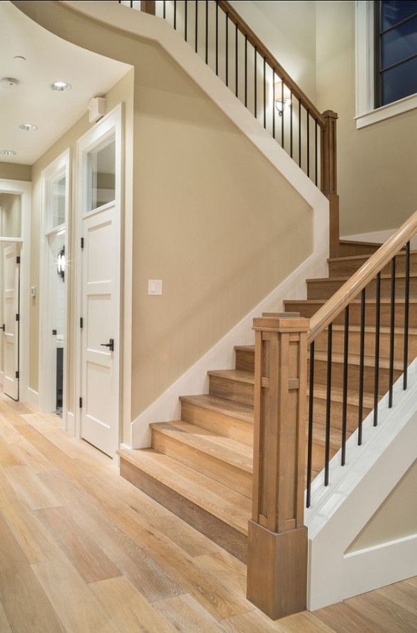 Walls going up a staircase that are painted bleeker beige