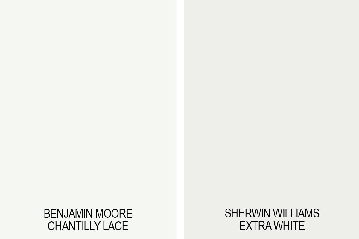 Benjamin Moore Chantilly Lace versus Sherwin Williams Extra White swatch comparison
