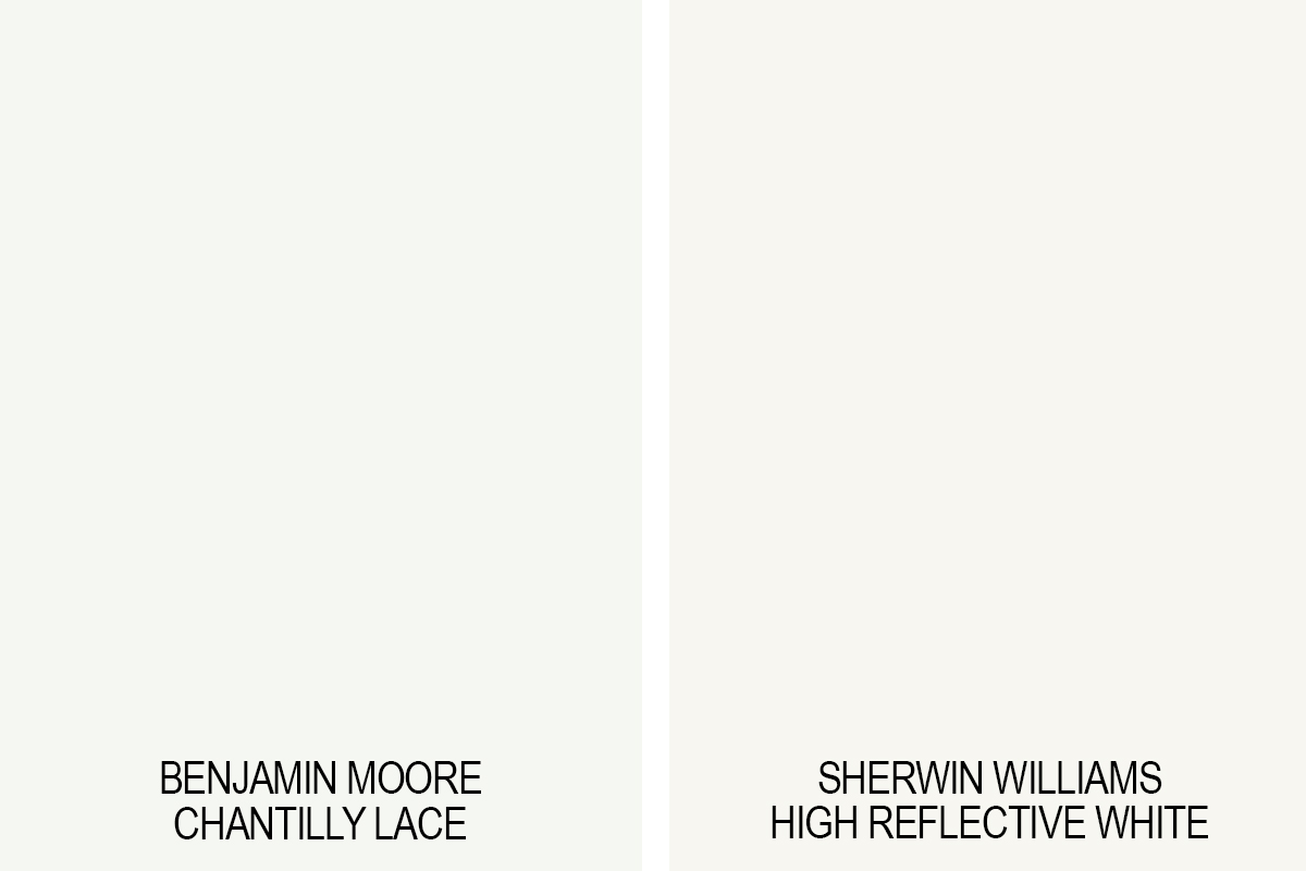 Benjamin Moore Chantilly Lace versus Sherwin Williams High Reflective White swatch comparison. 