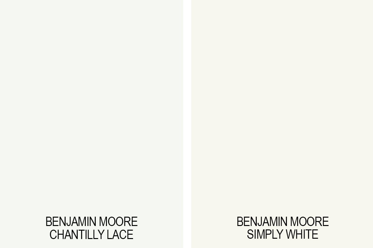 Benjamin Moore Chantilly Lace versus Benjamin Moore Simply White swatch comparison