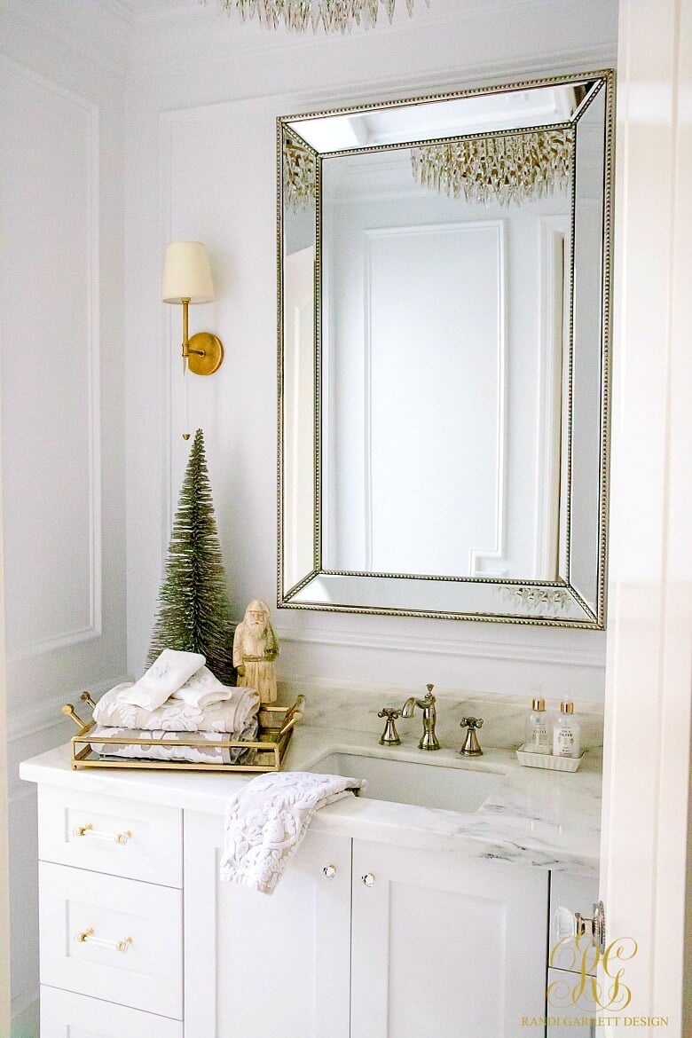 white and gold Christmas bathroom decor