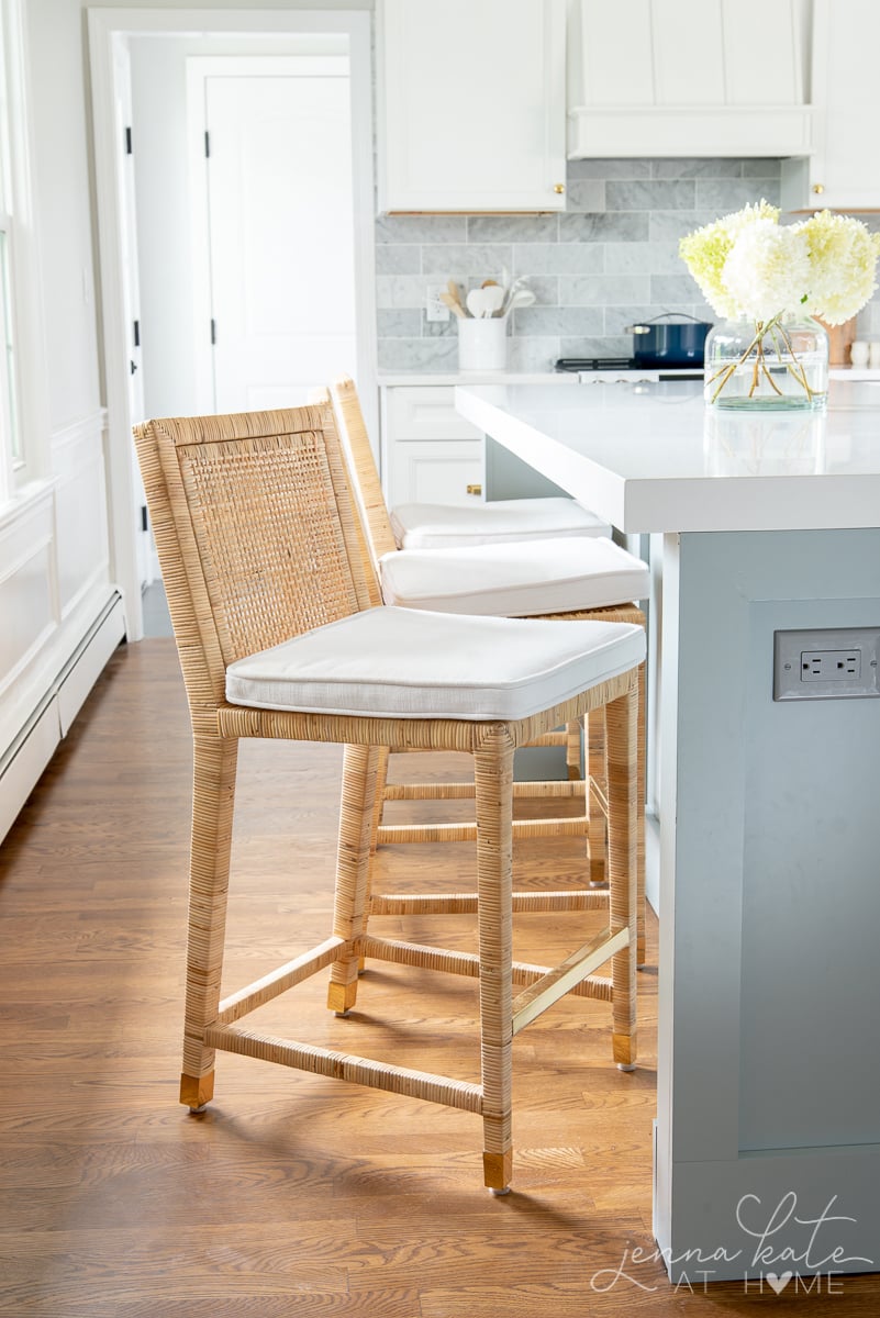 balboa counter stool pulled out from island to see the brass accents