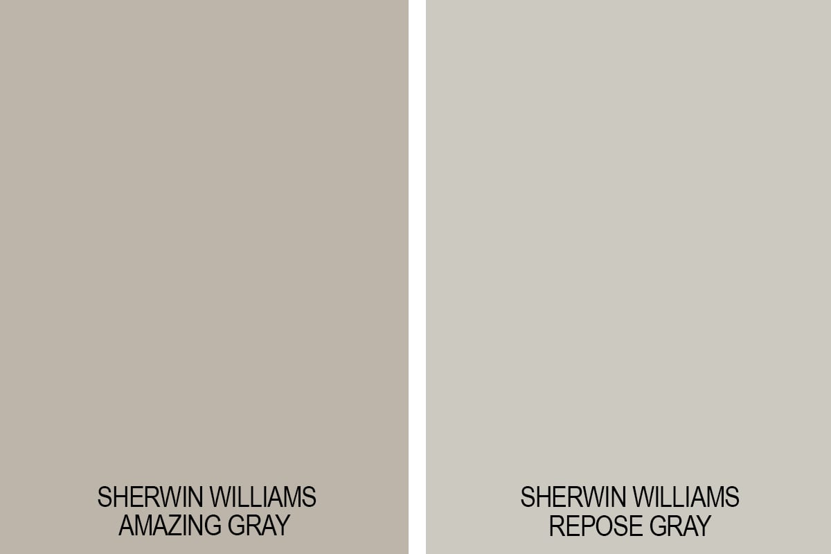 comparison swatch of amazing gray versus repose gray