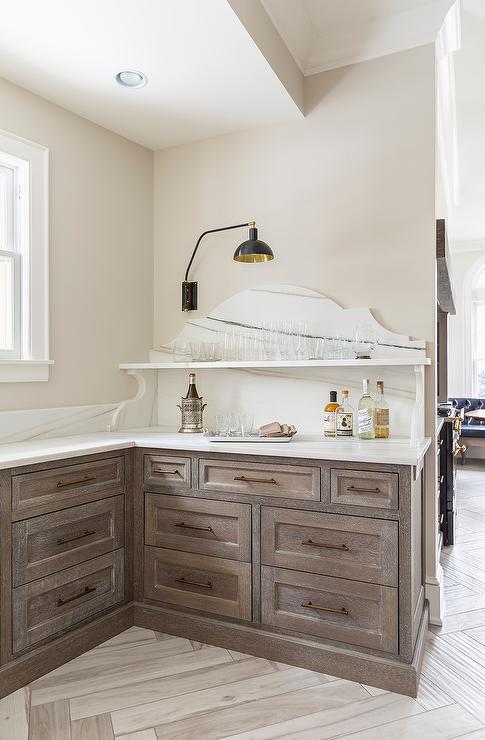 Wet bar area with walls painted Wind's Breath by Benjamin Moore