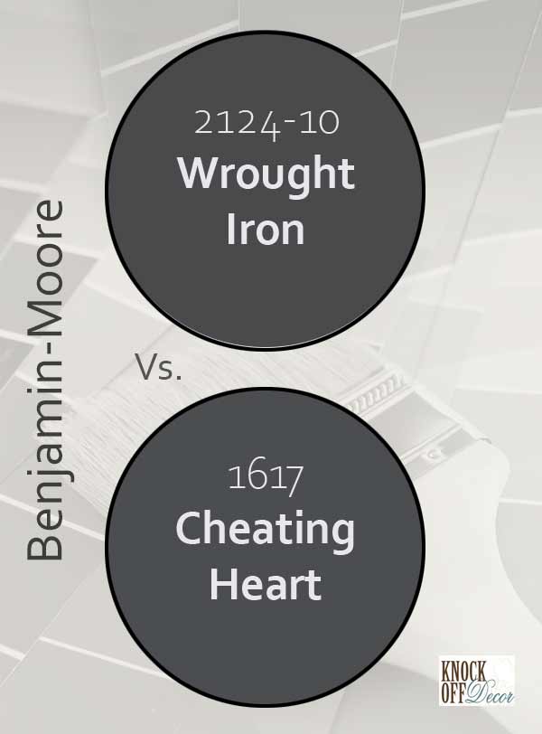 Benjamin Moore's Cheating Heart vs. Wrought Iron paint swatch 