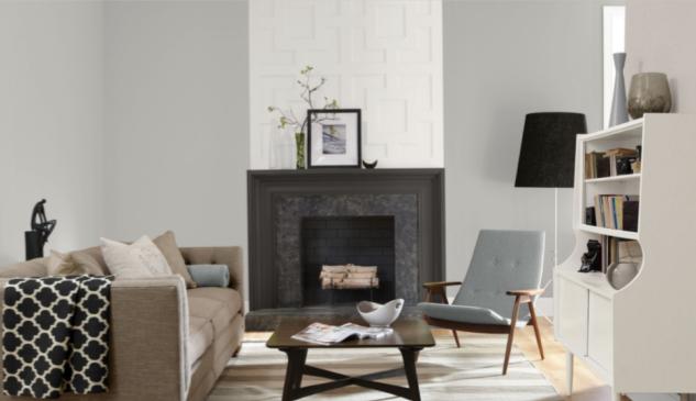 living room mantle grey walls black fireplace with living room furniture 